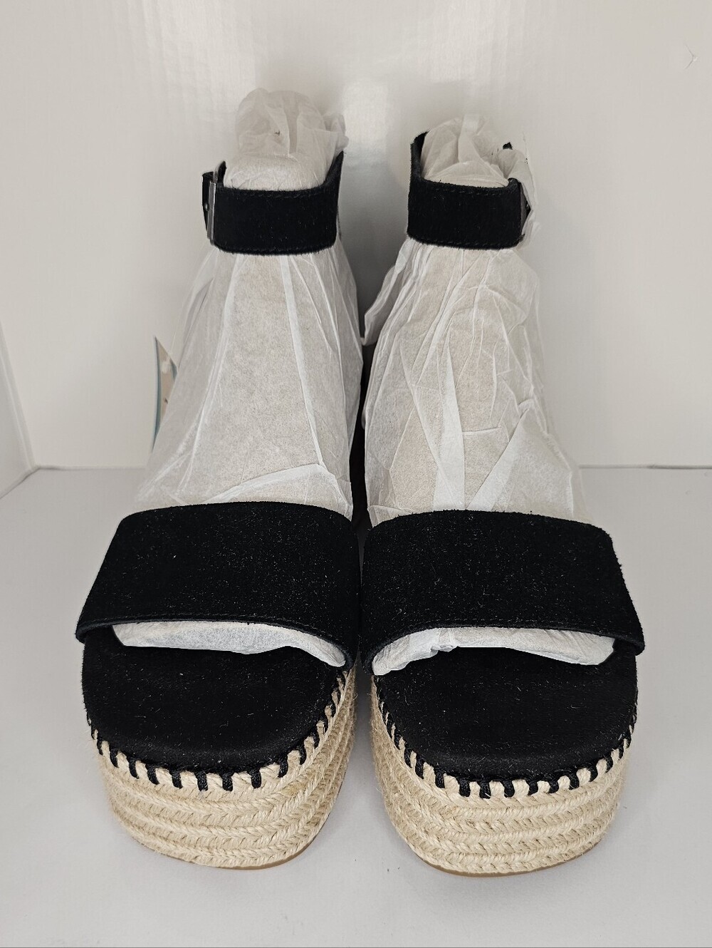 NWT TOMS Laila Black Suede Platform Espadrille Sandals Ankle Strap Women's 8.5